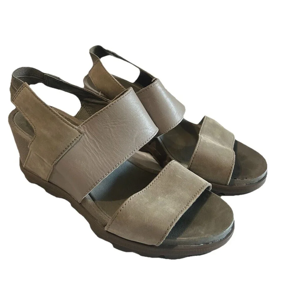 Sorel Joanie II Womens Size 8.5  Leather Slingback Wedge Sandal Taupe Grey